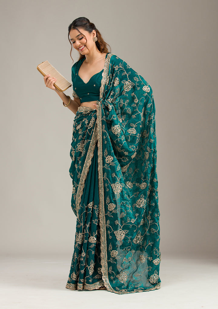 Rama Green Cording Chinon Saree