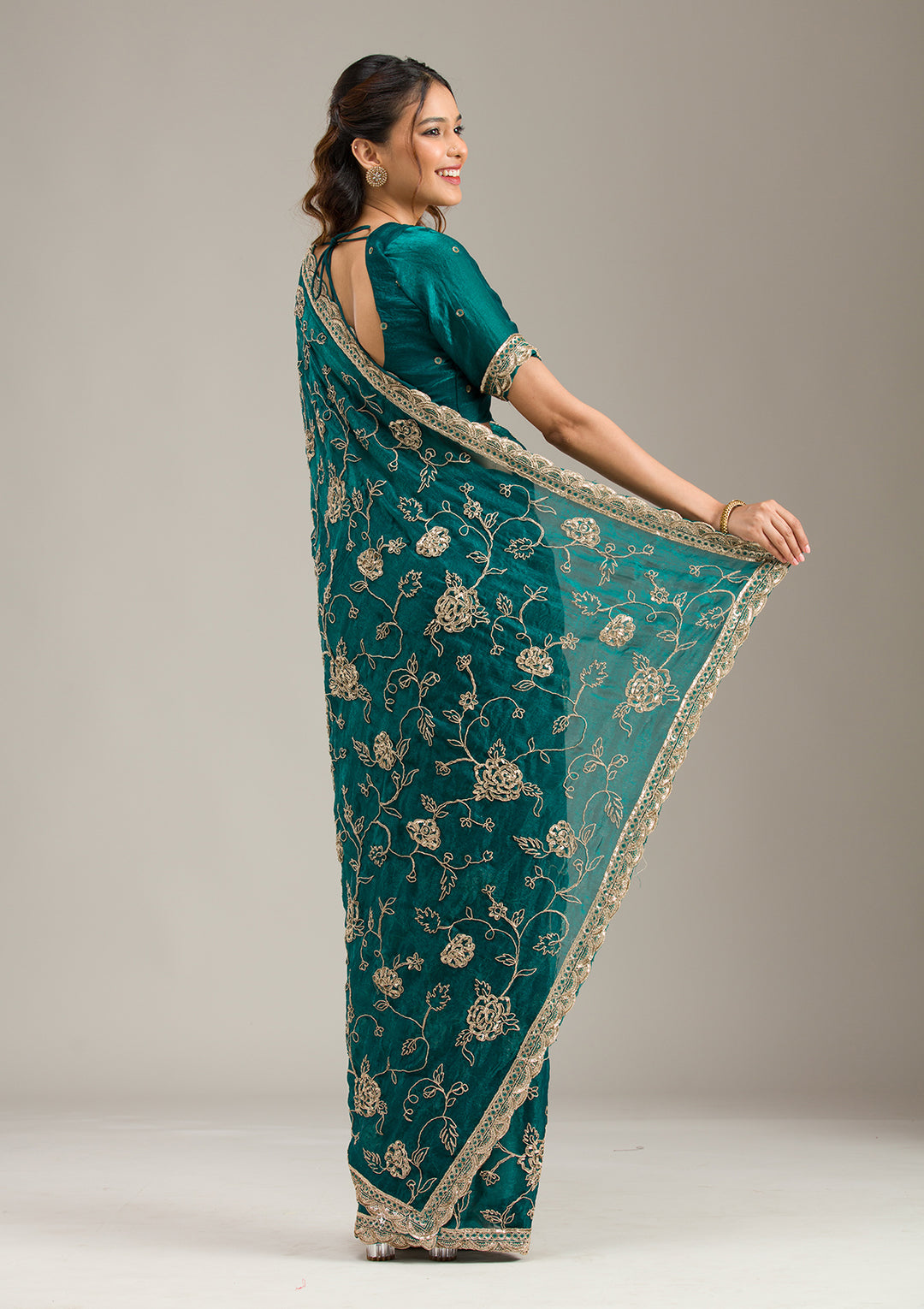 Rama Green Cording Chinon Saree