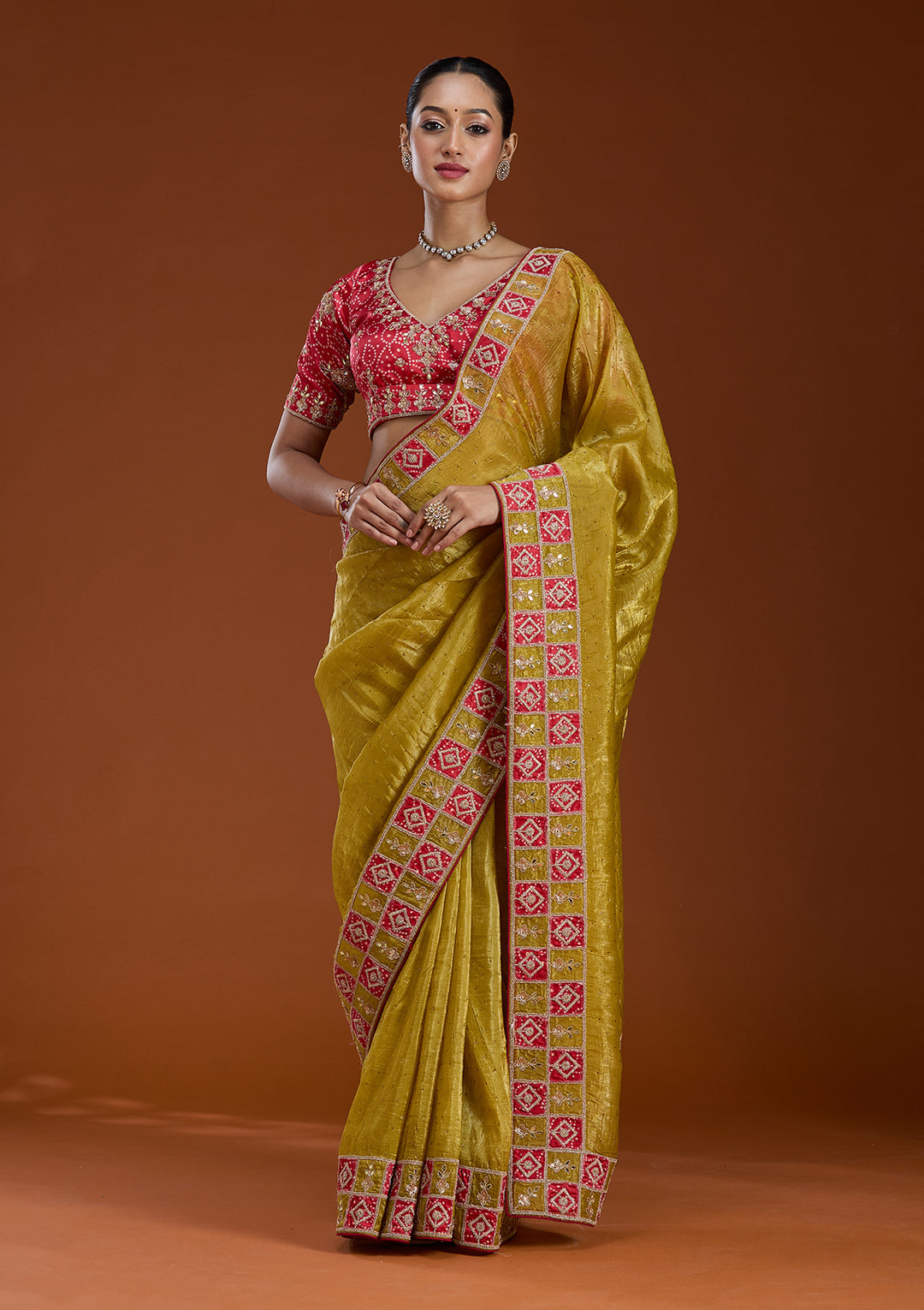 Lemon Yellow Gotapatti Tissue Saree