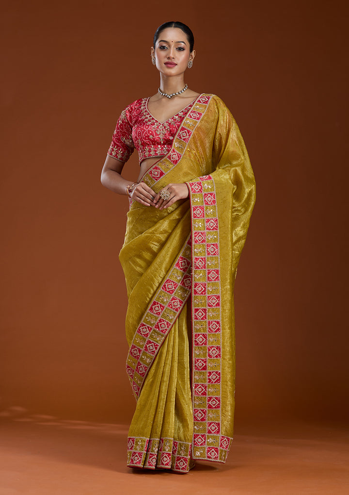 Lemon Yellow Gotapatti Tissue Saree