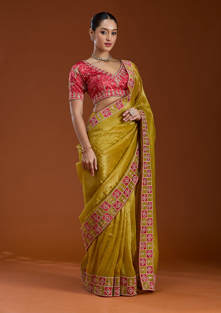 Lemon Yellow Gotapatti Tissue Saree