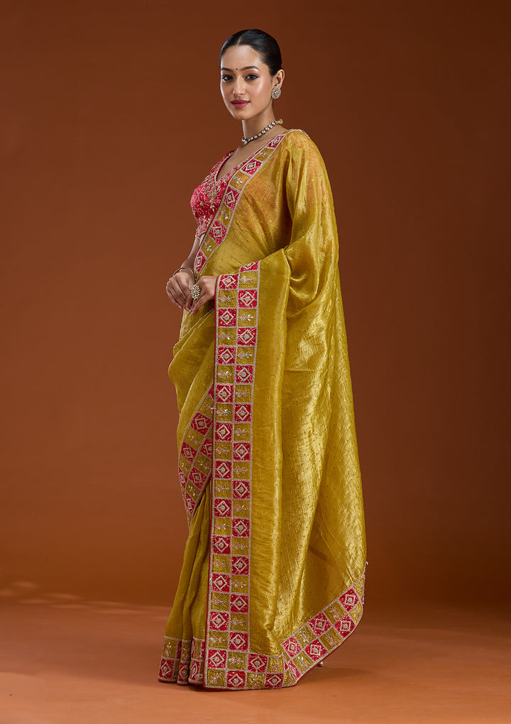 Lemon Yellow Gotapatti Tissue Saree