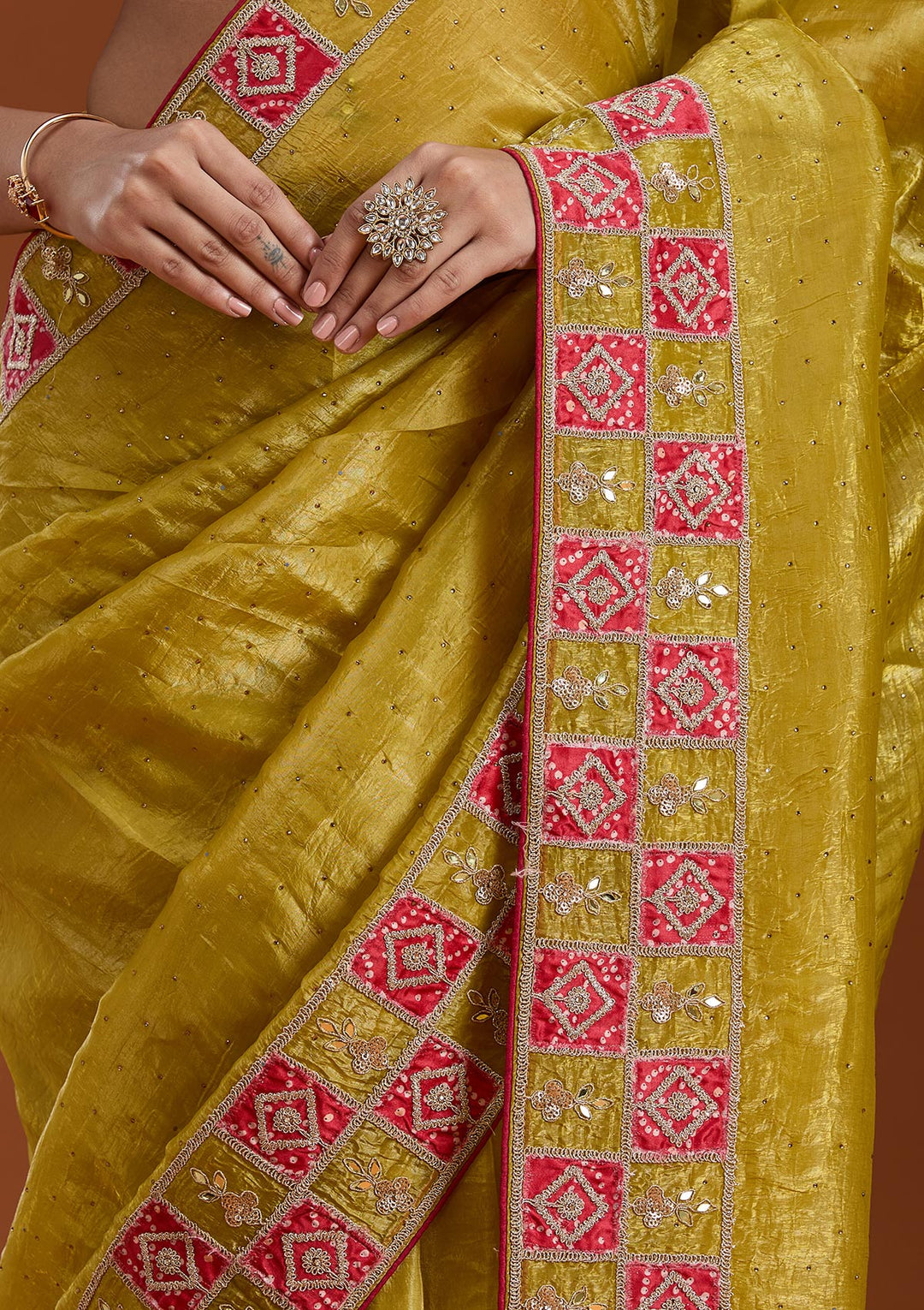 Lemon Yellow Gotapatti Tissue Saree