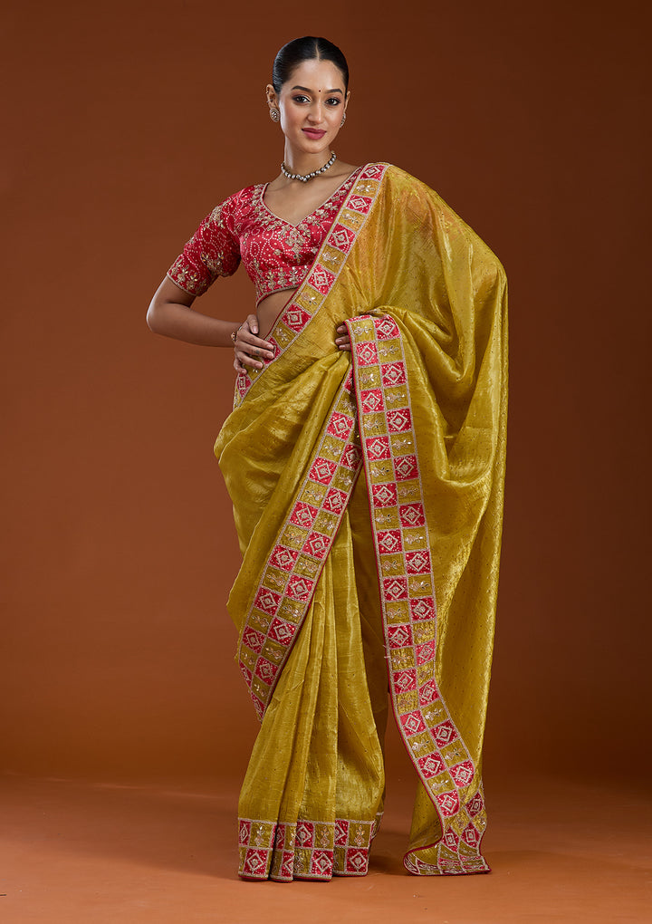 Lemon Yellow Gotapatti Tissue Saree