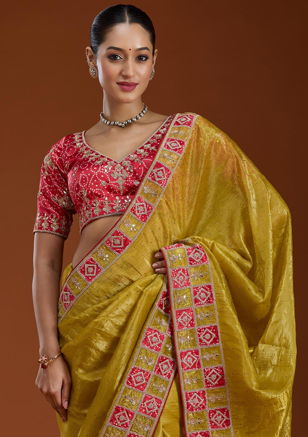 Lemon Yellow Gotapatti Tissue Saree