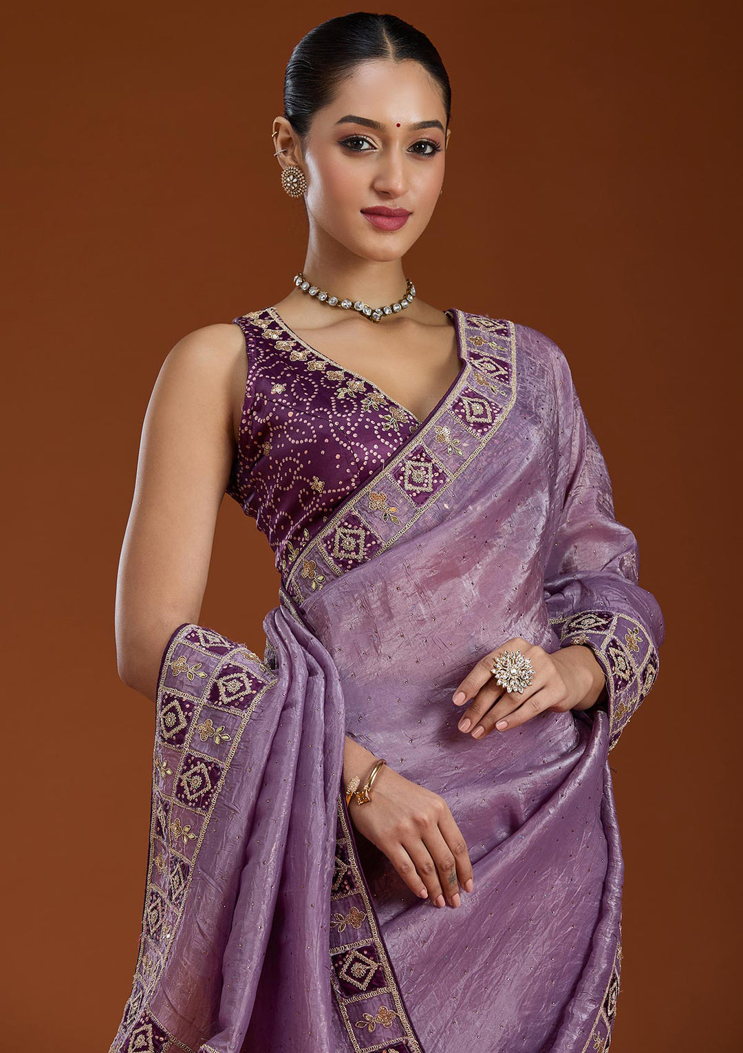 Light Lavender Tissue Gotapatti Saree With Matching Blouse Piece