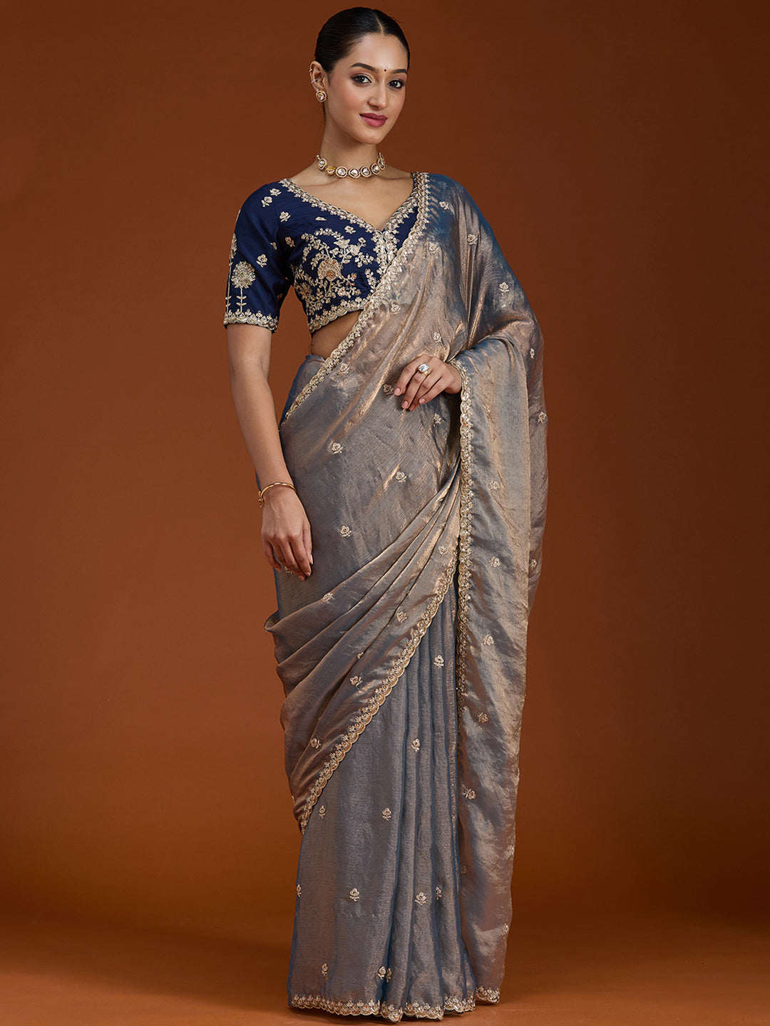Grey Tissue Cording Saree With Matching Blouse Piece