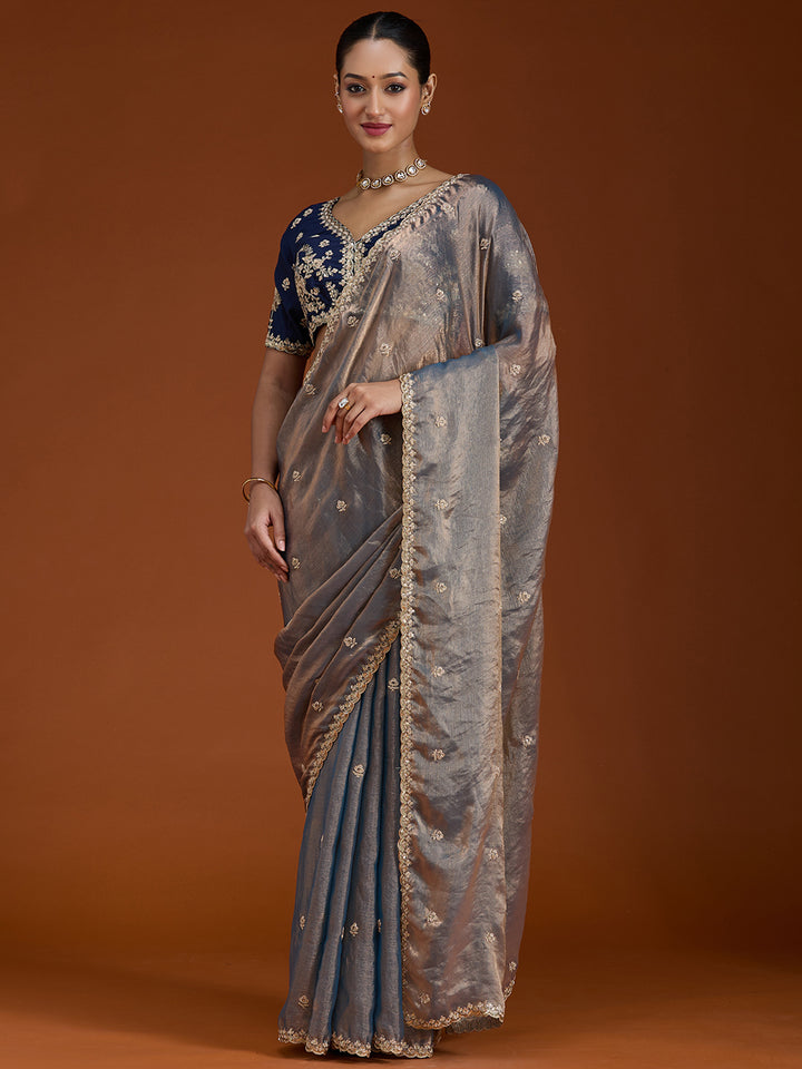 Grey Tissue Cording Saree With Matching Blouse Piece