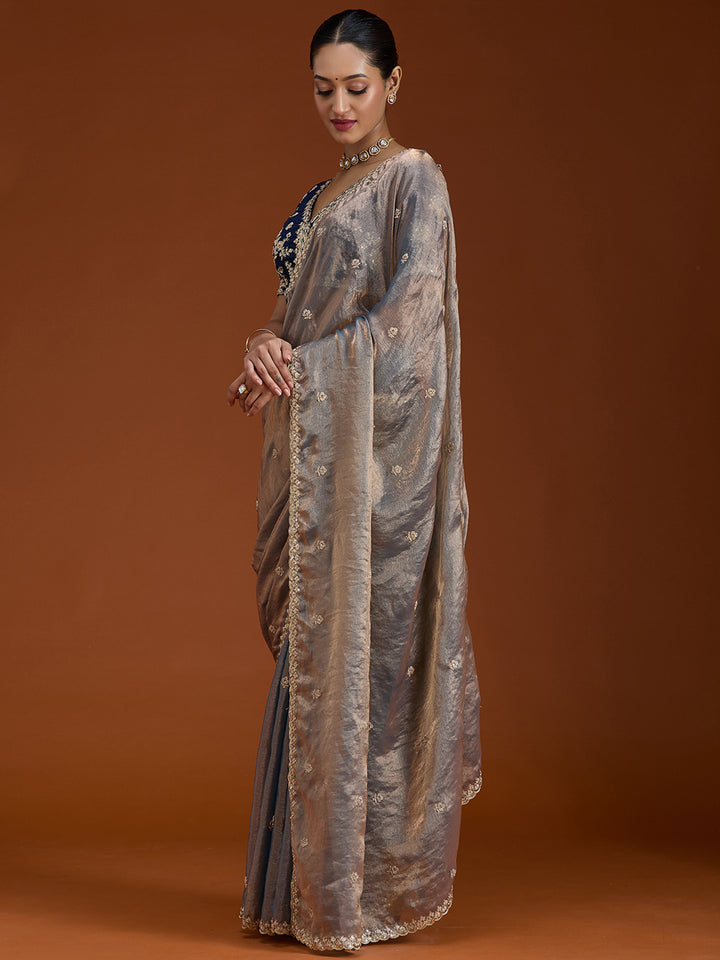Grey Tissue Cording Saree With Matching Blouse Piece