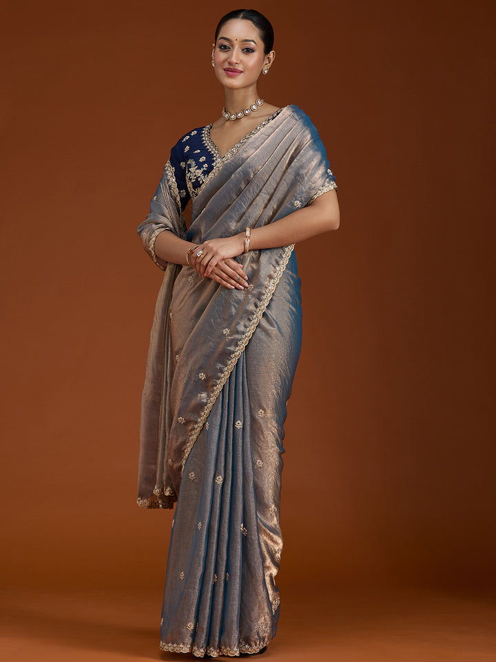 Grey Tissue Cording Saree With Matching Blouse Piece
