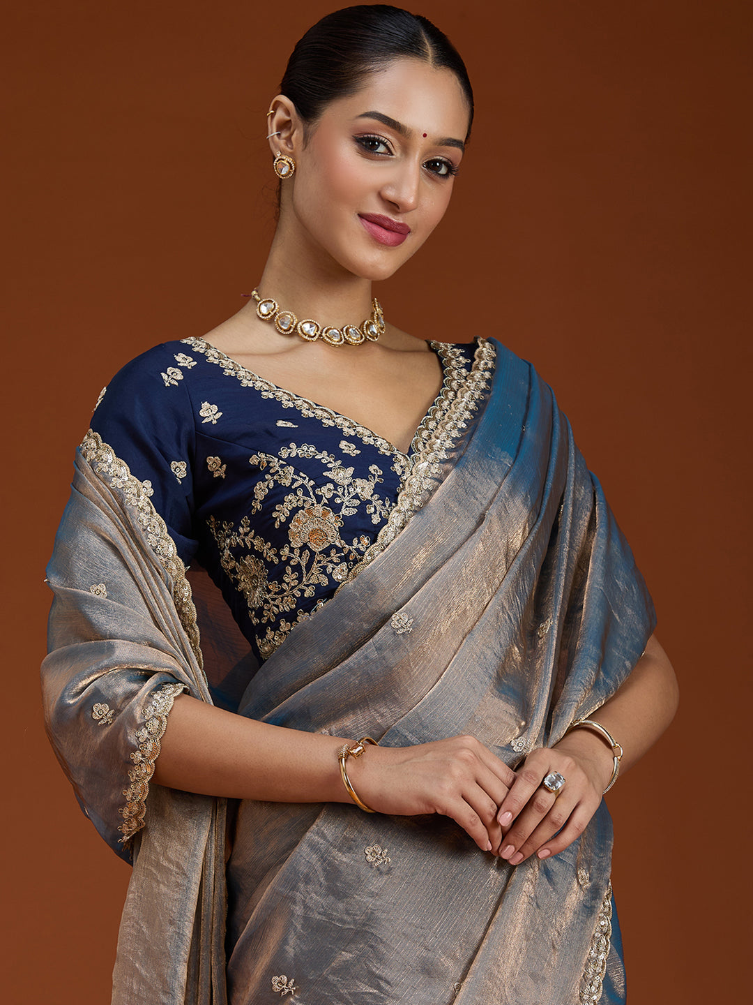 Grey Tissue Cording Saree With Matching Blouse Piece
