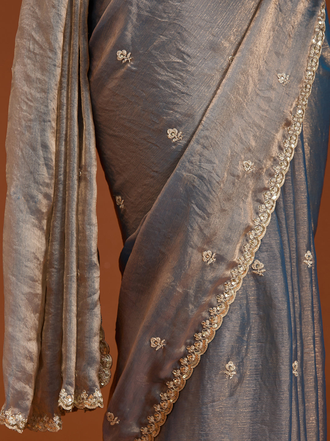 Grey Tissue Cording Saree With Matching Blouse Piece