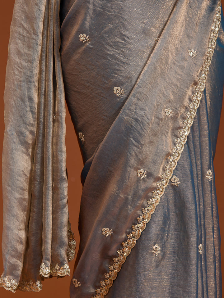 Grey Tissue Cording Saree With Matching Blouse Piece