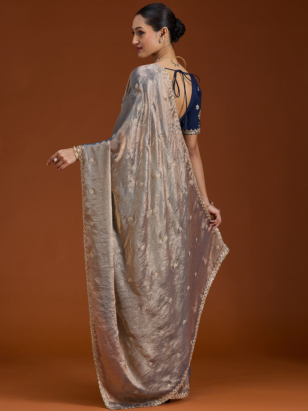 Grey Tissue Cording Saree With Matching Blouse Piece
