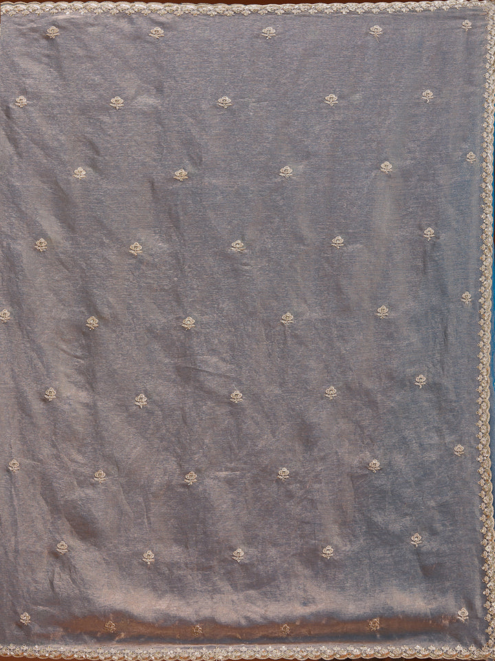 Grey Tissue Cording Saree With Matching Blouse Piece