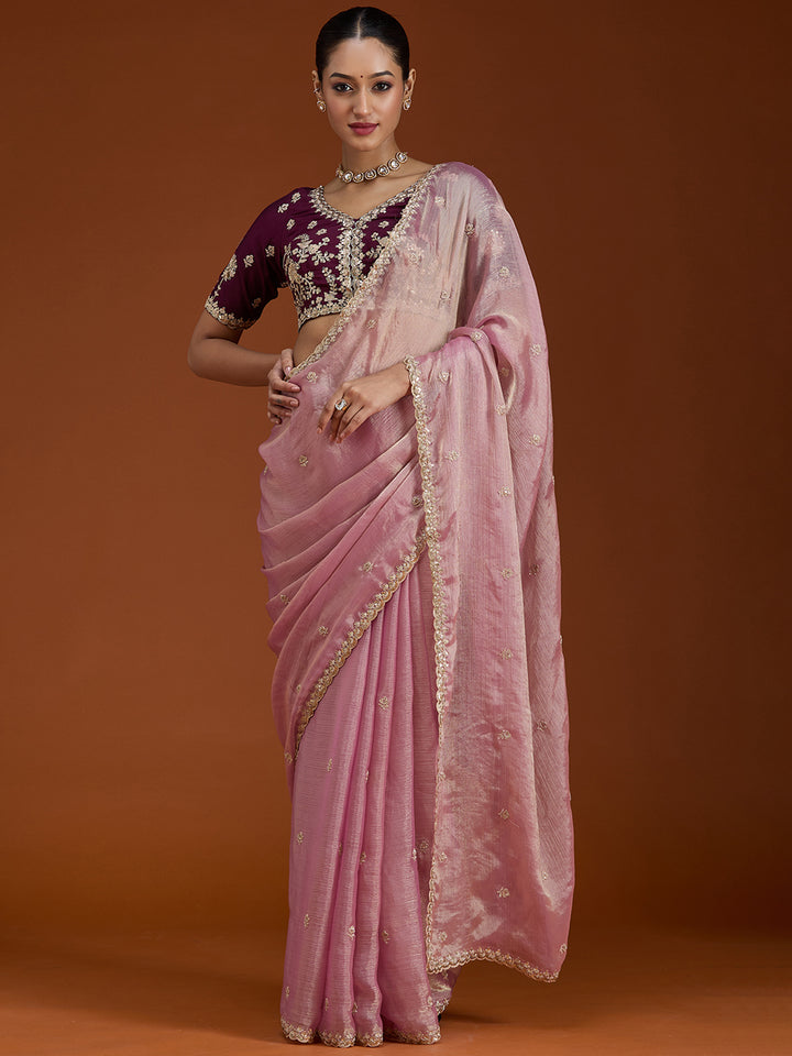Onion Pink Tissue Cording Saree With Matching Blouse Piece