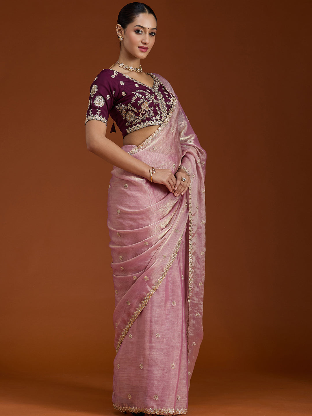 Onion Pink Tissue Cording Saree With Matching Blouse Piece