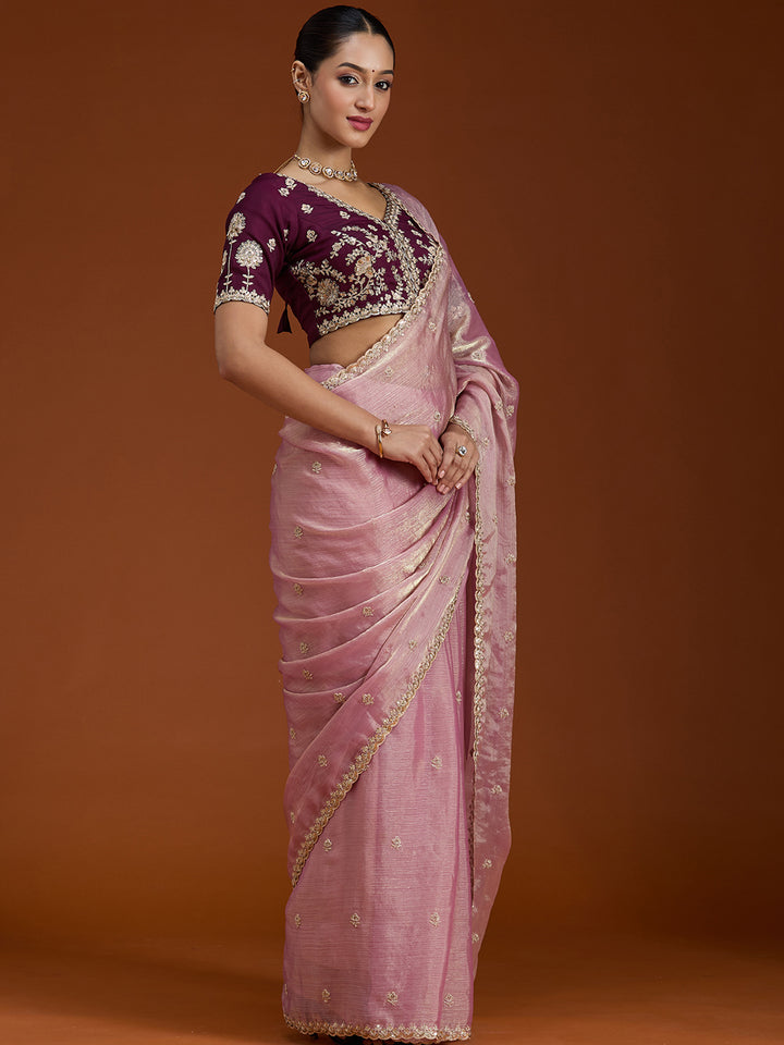 Onion Pink Tissue Cording Saree With Matching Blouse Piece