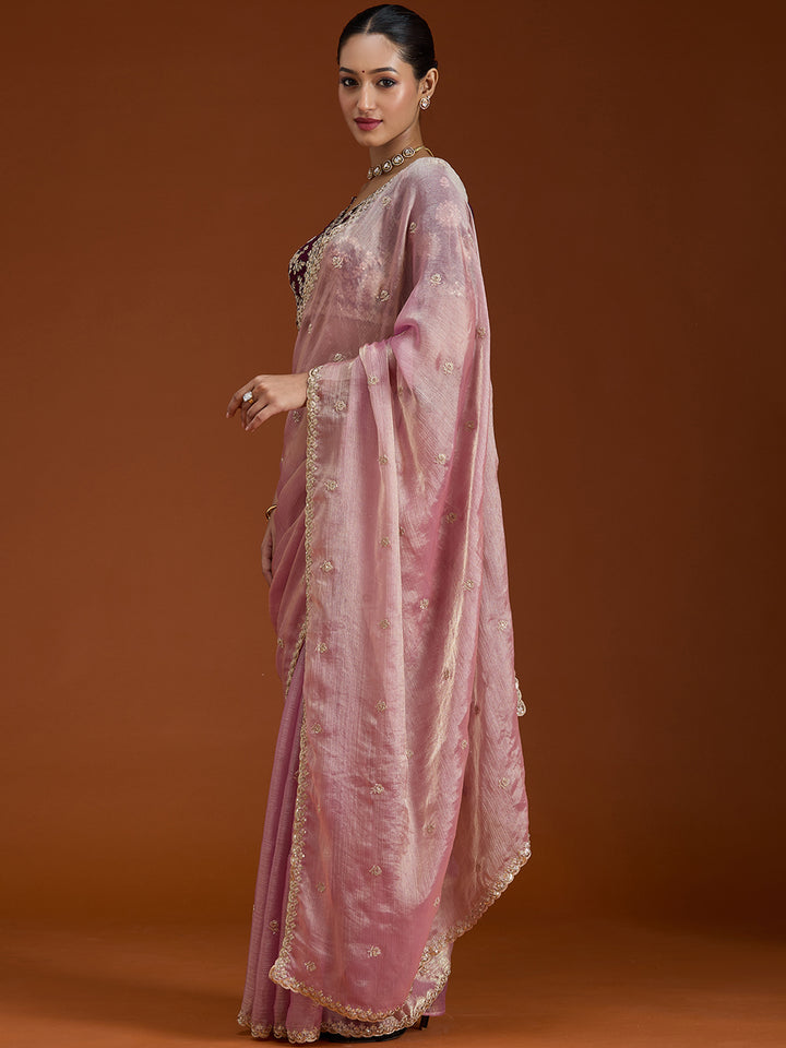 Onion Pink Tissue Cording Saree With Matching Blouse Piece