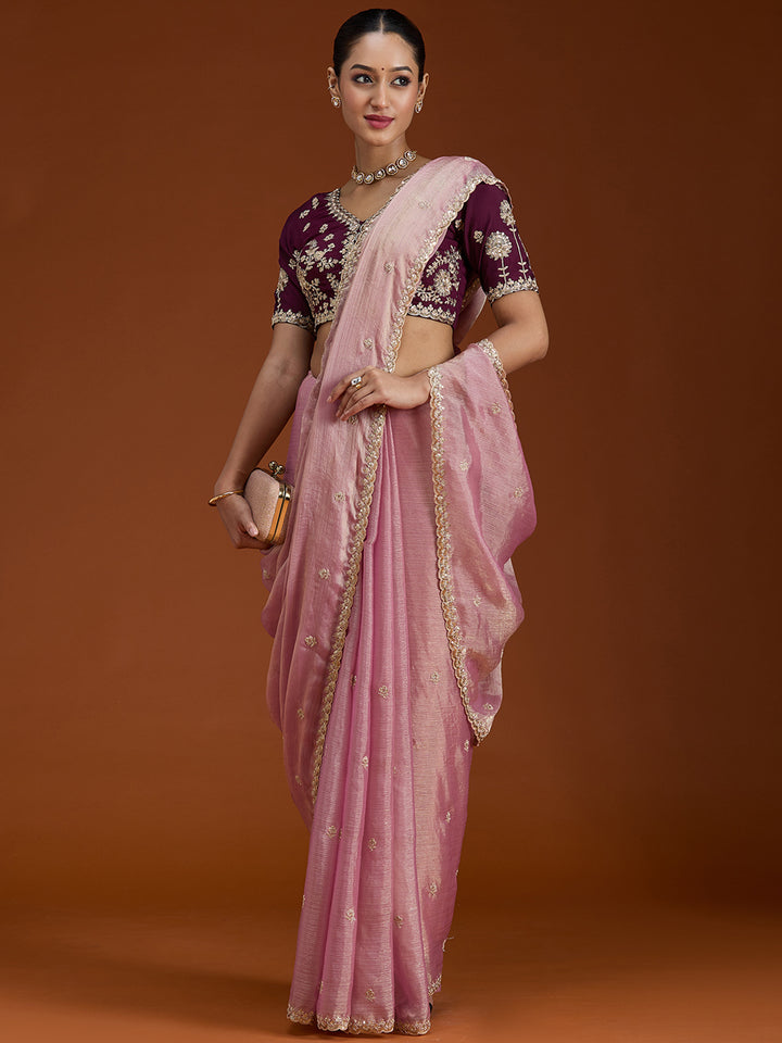Onion Pink Tissue Cording Saree With Matching Blouse Piece