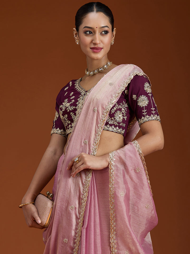 Onion Pink Tissue Cording Saree With Matching Blouse Piece