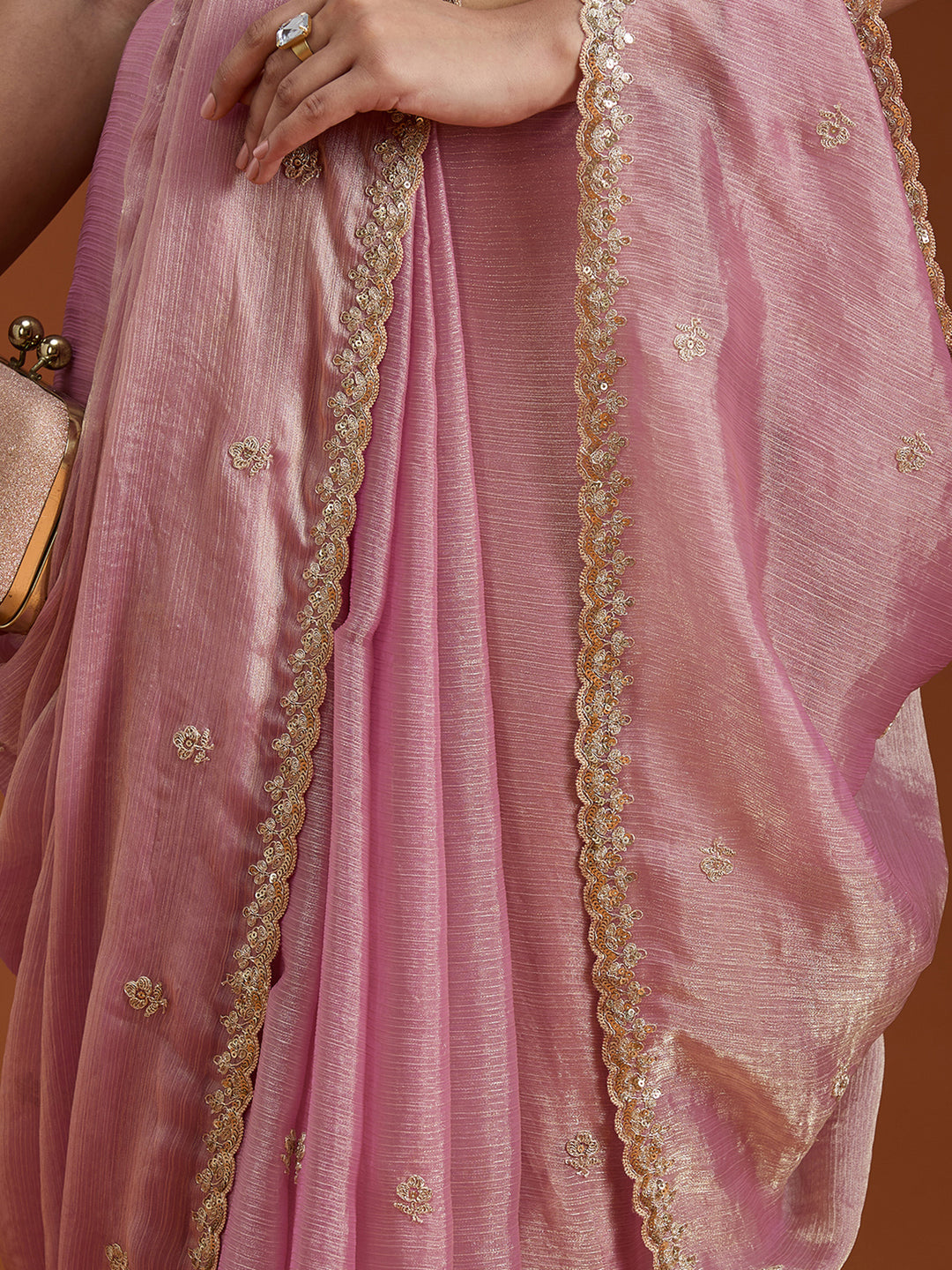 Onion Pink Tissue Cording Saree With Matching Blouse Piece