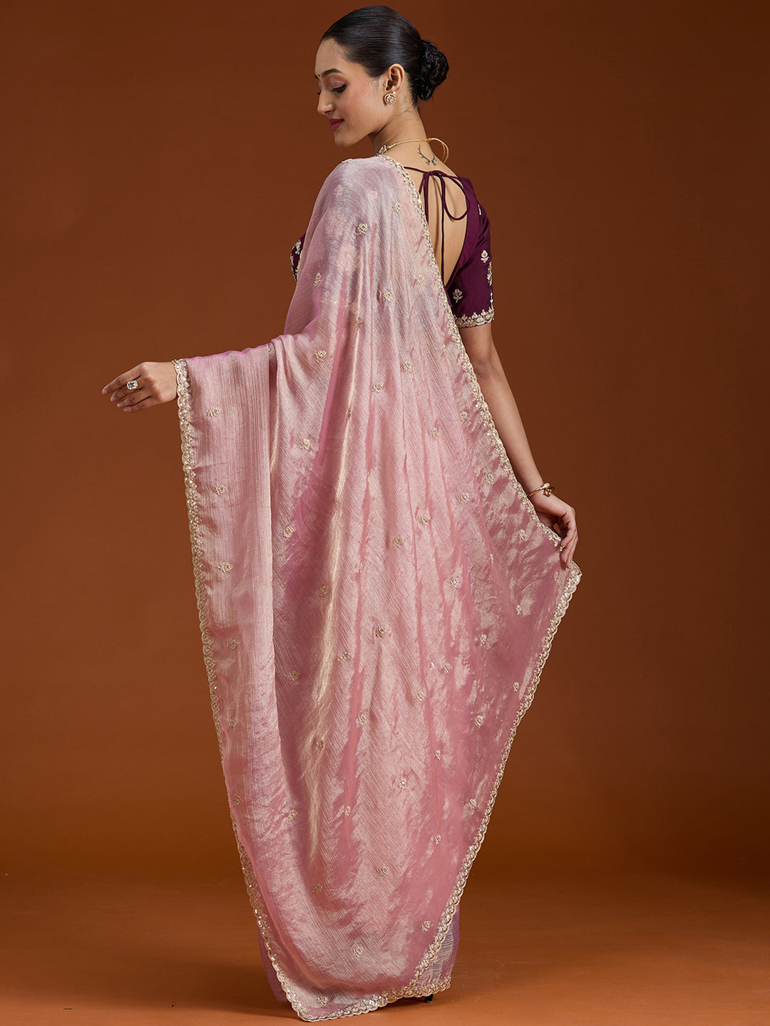 Onion Pink Tissue Cording Saree With Matching Blouse Piece