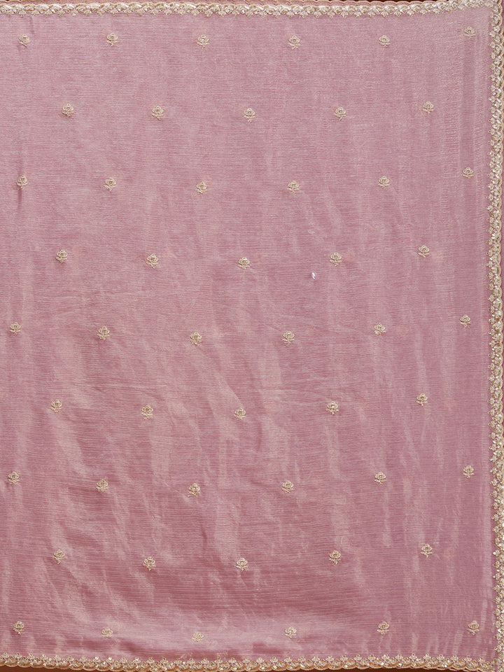 Onion Pink Tissue Cording Saree With Matching Blouse Piece