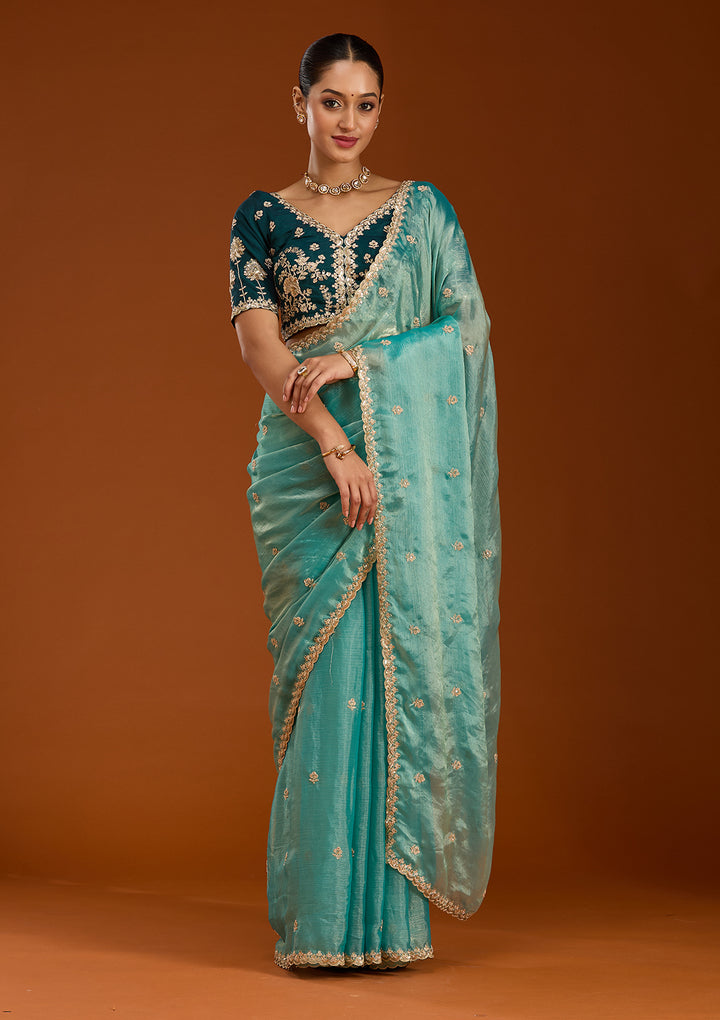Sea Green Cording Tissue Saree