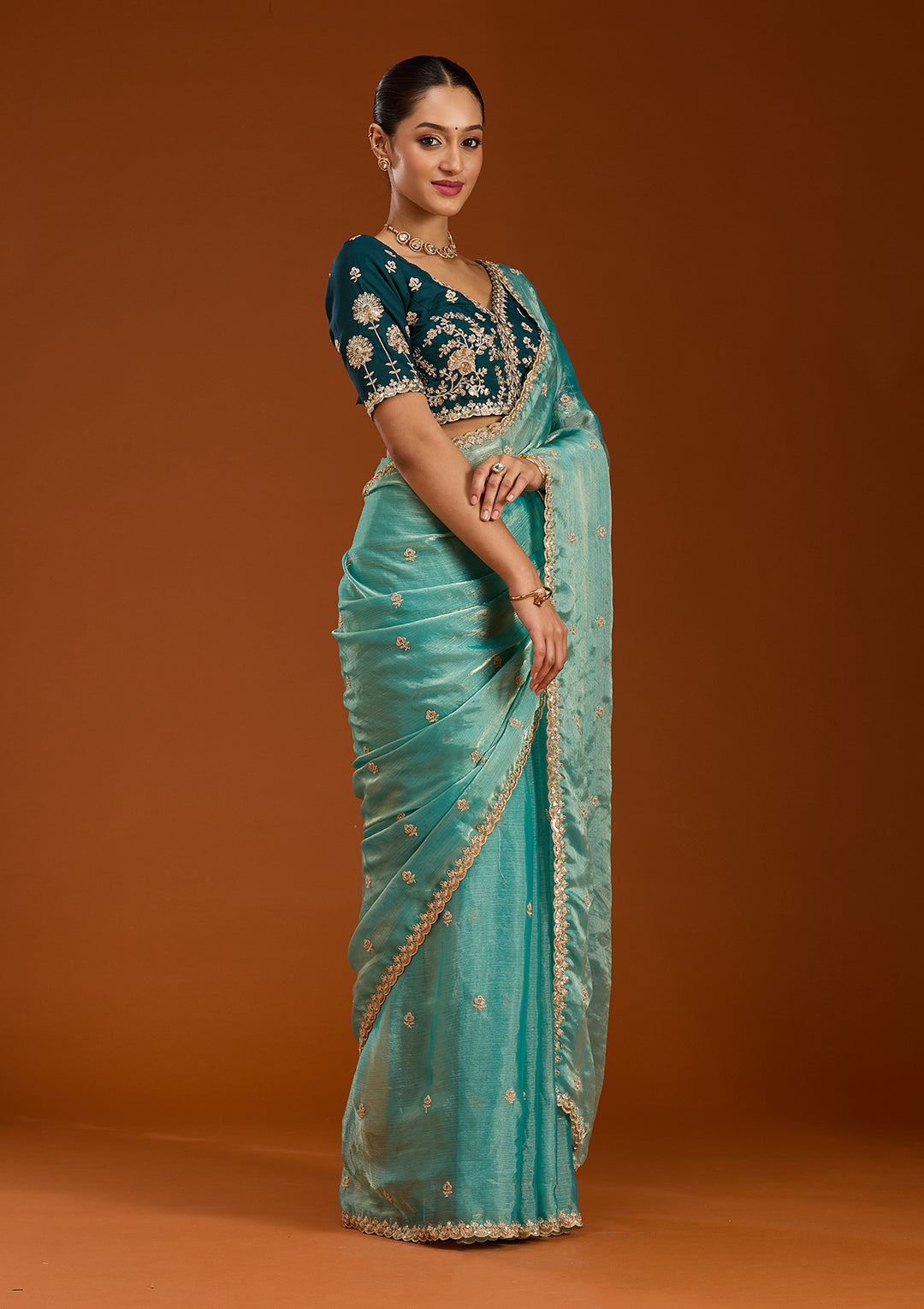 Sea Green Cording Tissue Saree