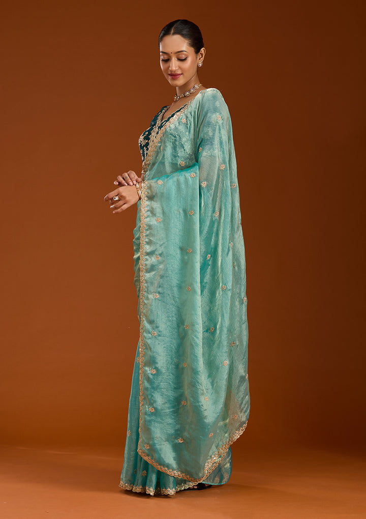 Sea Green Cording Tissue Saree