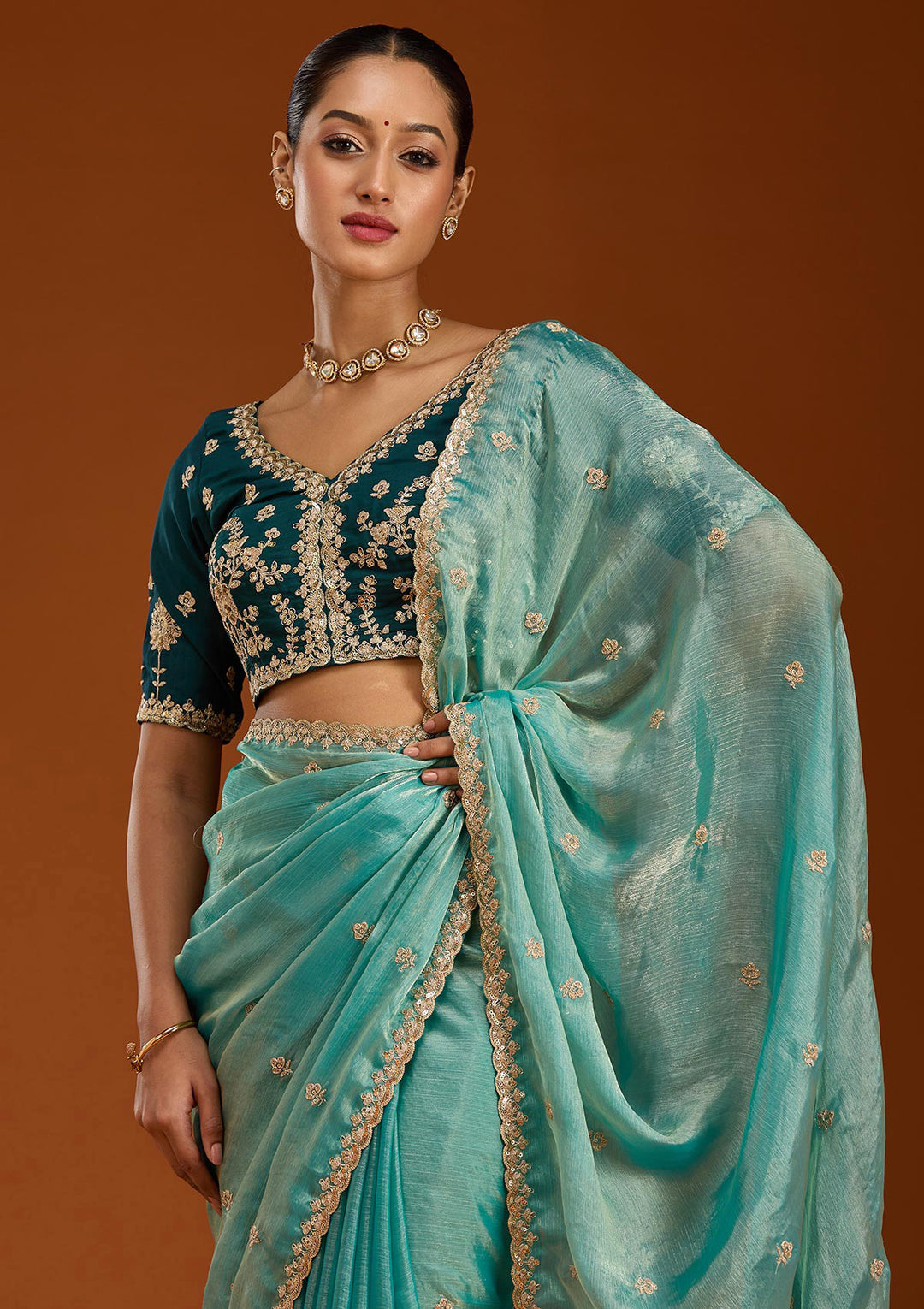 Sea Green Cording Tissue Saree