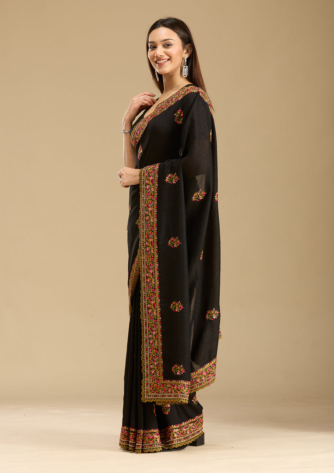 Black Kashmiri Soft Raw Silk Saree