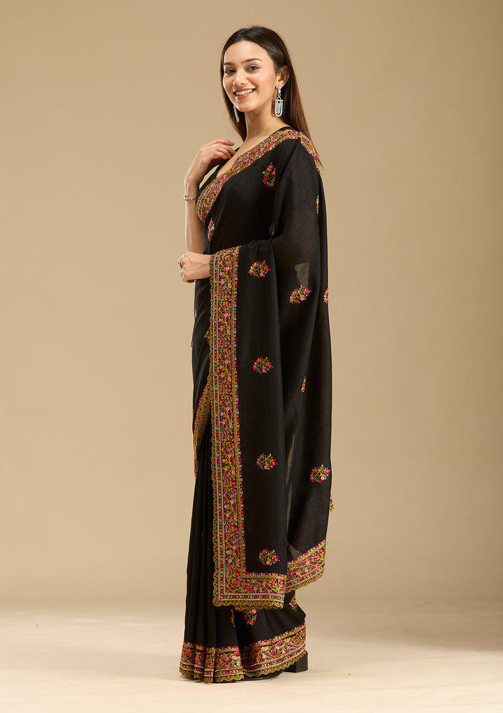 Black Kashmiri Soft Raw Silk Saree