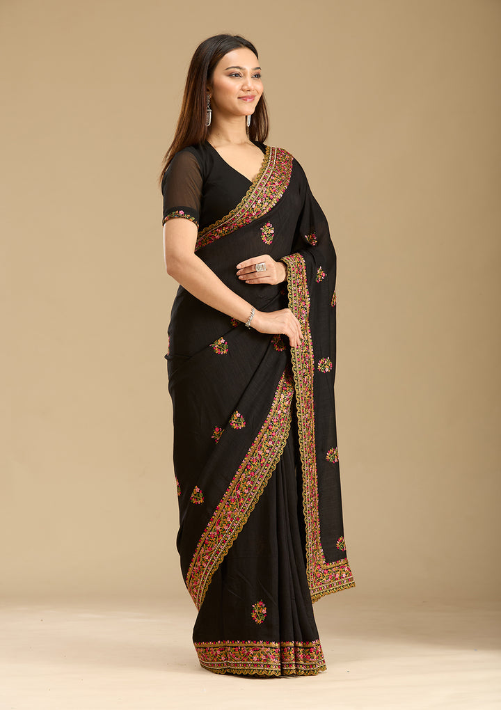 Black Kashmiri Soft Raw Silk Saree