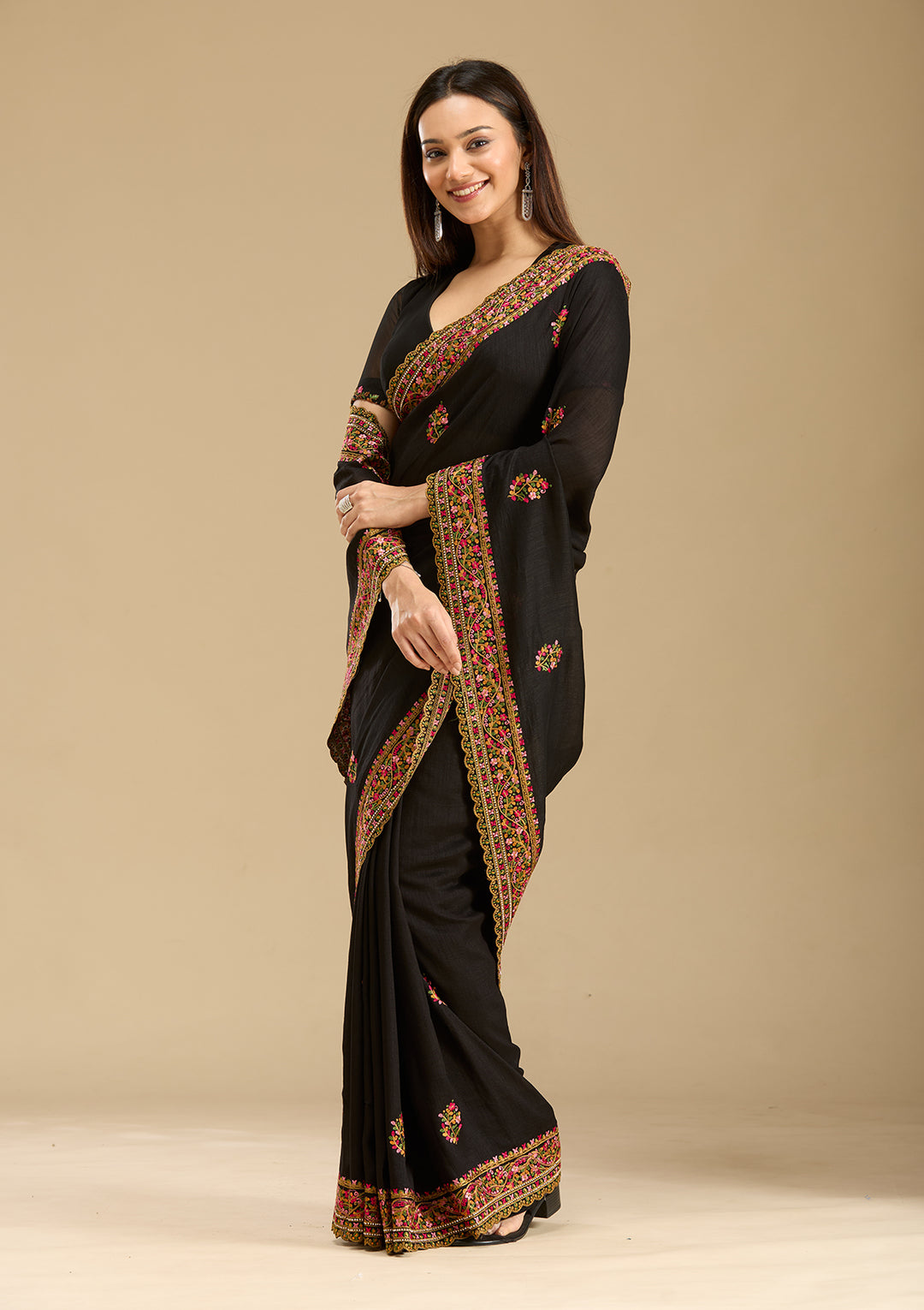 Black Kashmiri Soft Raw Silk Saree