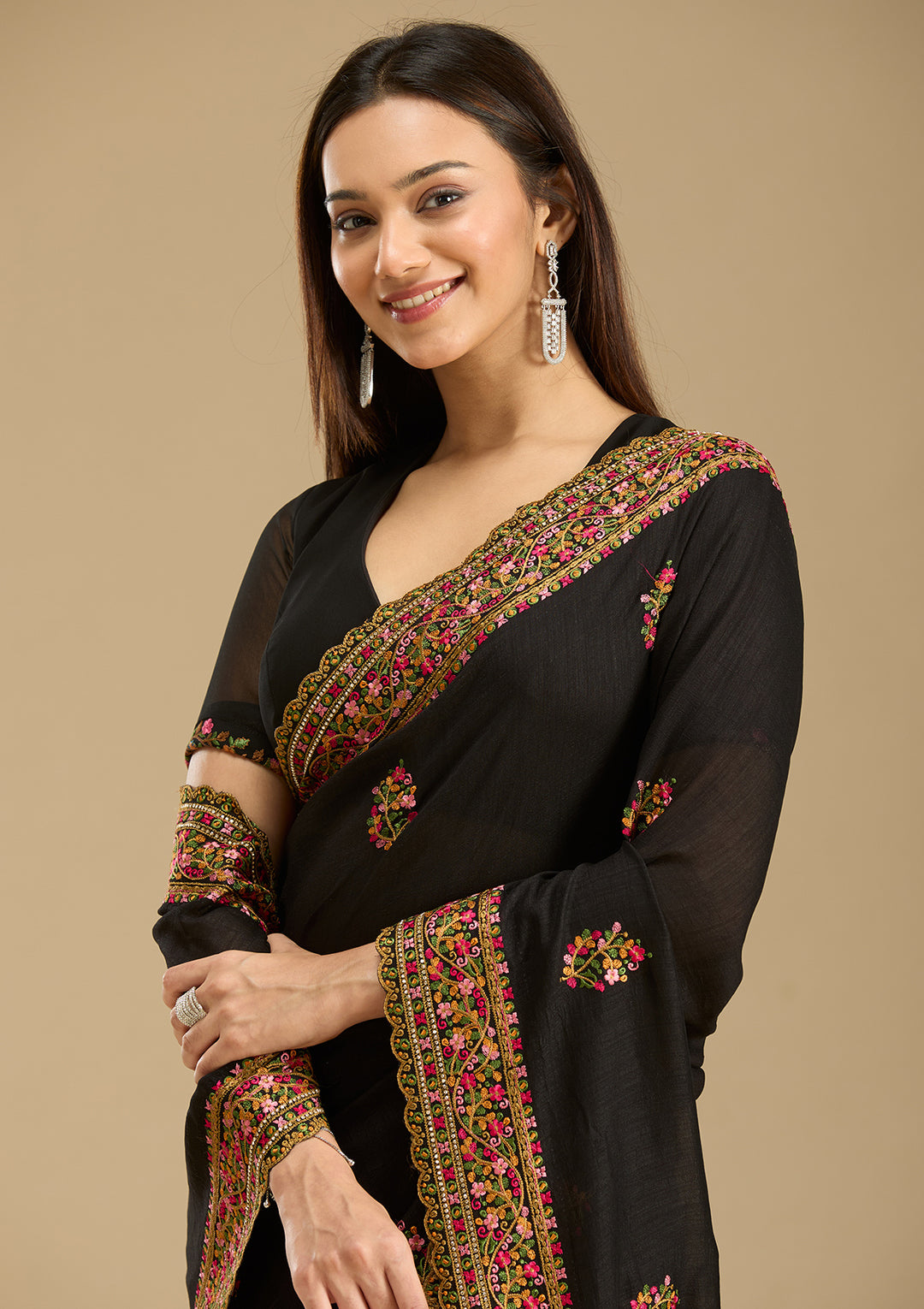 Black Kashmiri Soft Raw Silk Saree