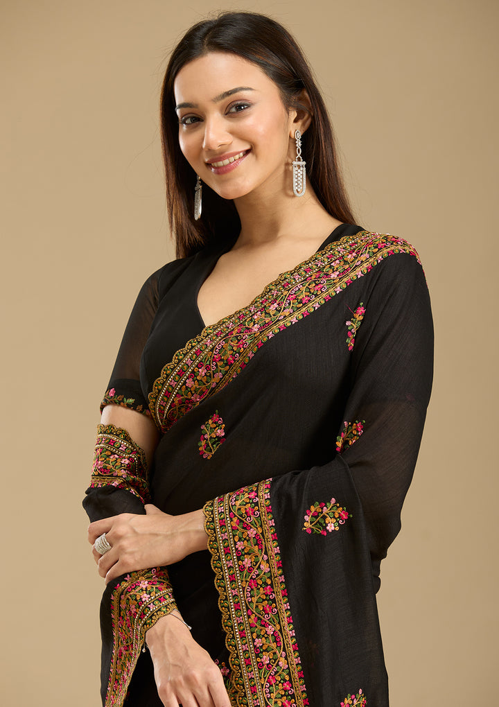Black Kashmiri Soft Raw Silk Saree