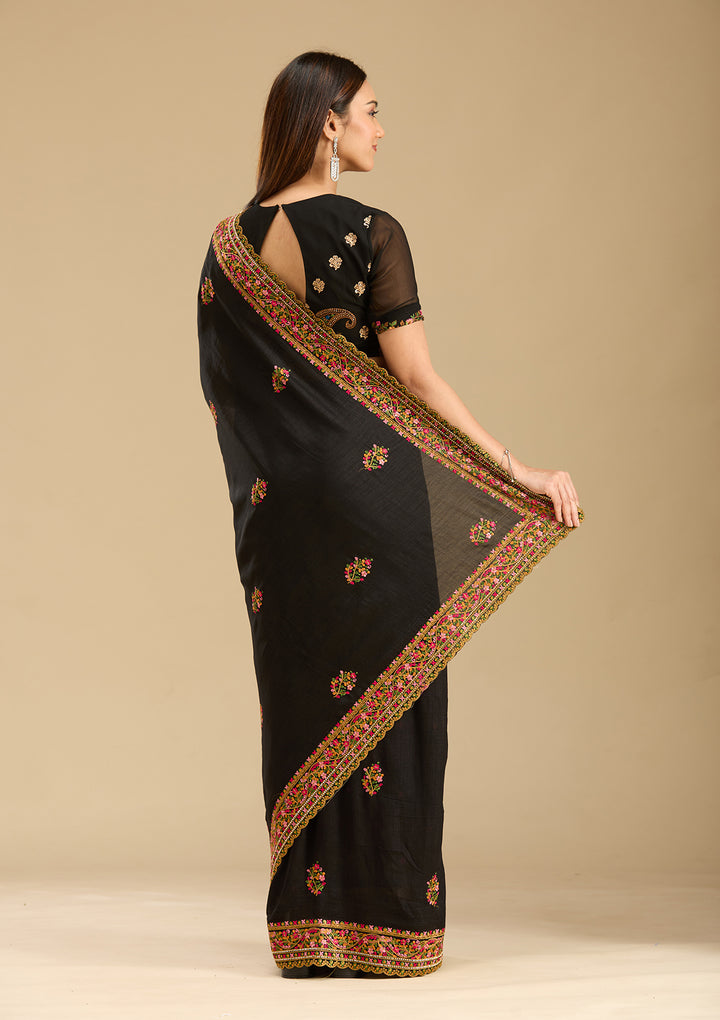 Black Kashmiri Soft Raw Silk Saree