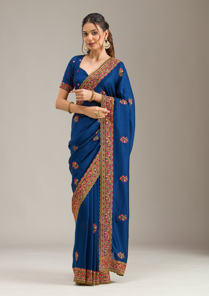 Royal Blue Soft Raw Silk Kashmiri Saree With Matching Blouse Piece