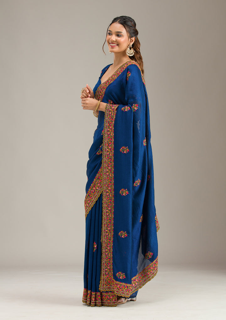 Royal Blue Soft Raw Silk Kashmiri Saree With Matching Blouse Piece
