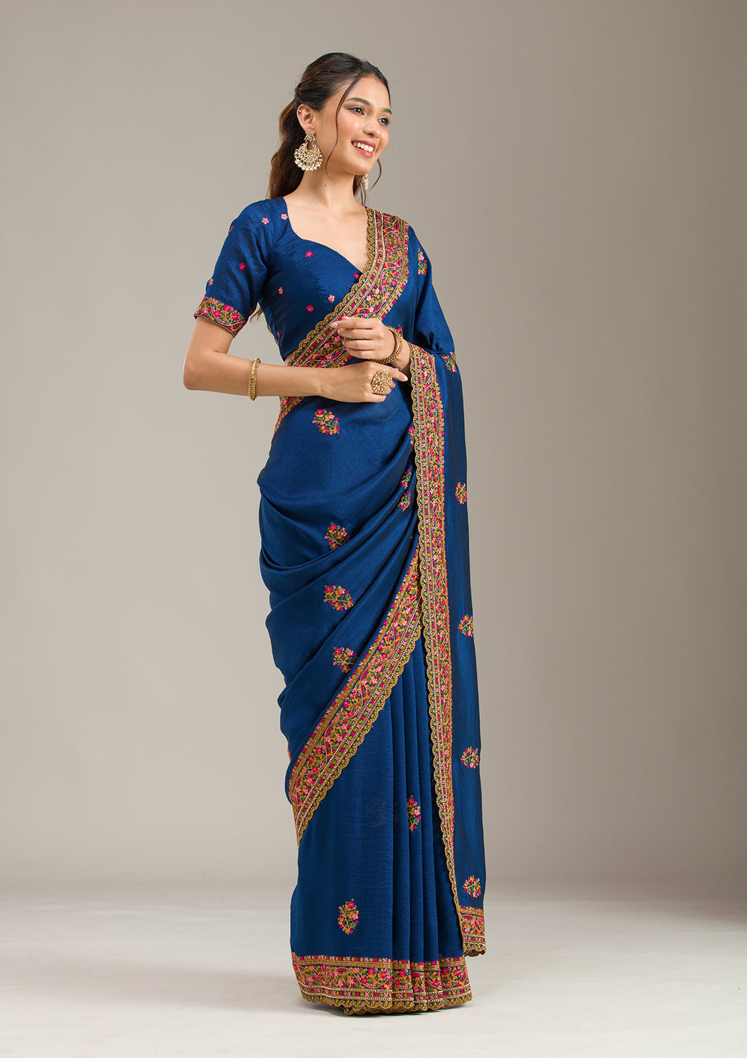 Royal Blue Soft Raw Silk Kashmiri Saree With Matching Blouse Piece