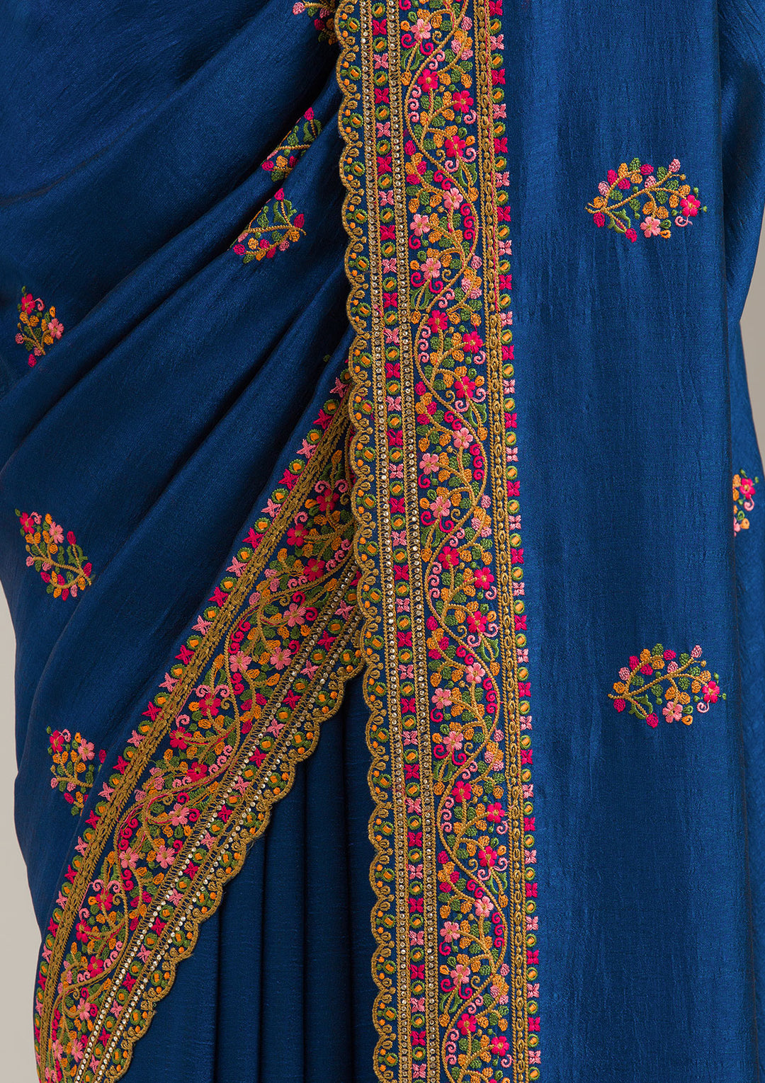 Royal Blue Soft Raw Silk Kashmiri Saree With Matching Blouse Piece