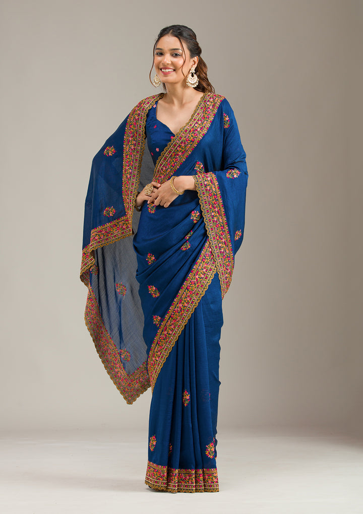 Royal Blue Soft Raw Silk Kashmiri Saree With Matching Blouse Piece