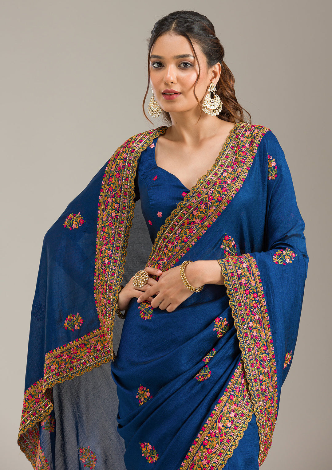 Royal Blue Soft Raw Silk Kashmiri Saree With Matching Blouse Piece