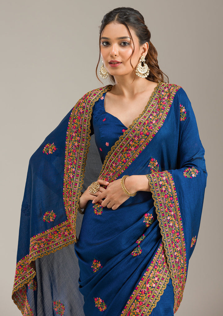 Royal Blue Soft Raw Silk Kashmiri Saree With Matching Blouse Piece
