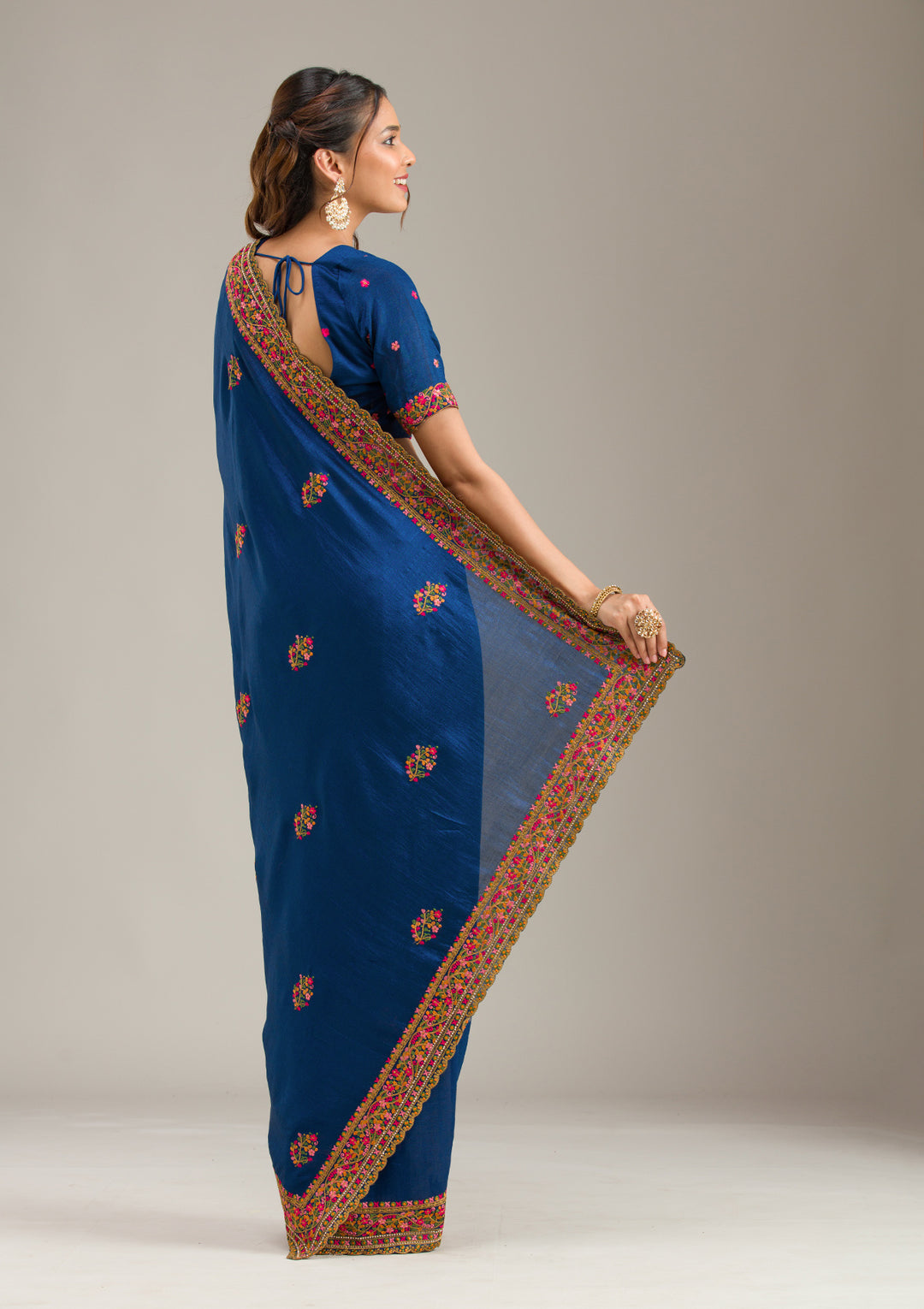 Royal Blue Soft Raw Silk Kashmiri Saree With Matching Blouse Piece