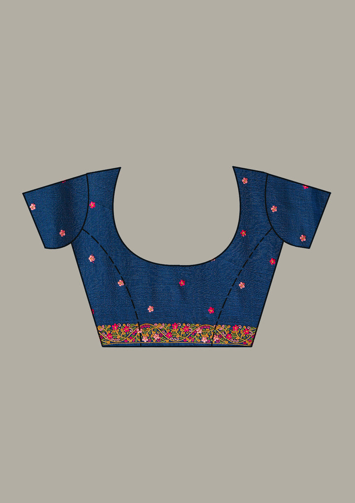 Royal Blue Soft Raw Silk Kashmiri Saree With Matching Blouse Piece