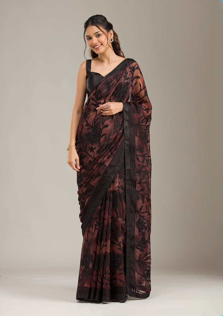 Brown Chiffon Swarovski Saree With Matching Blouse Piece