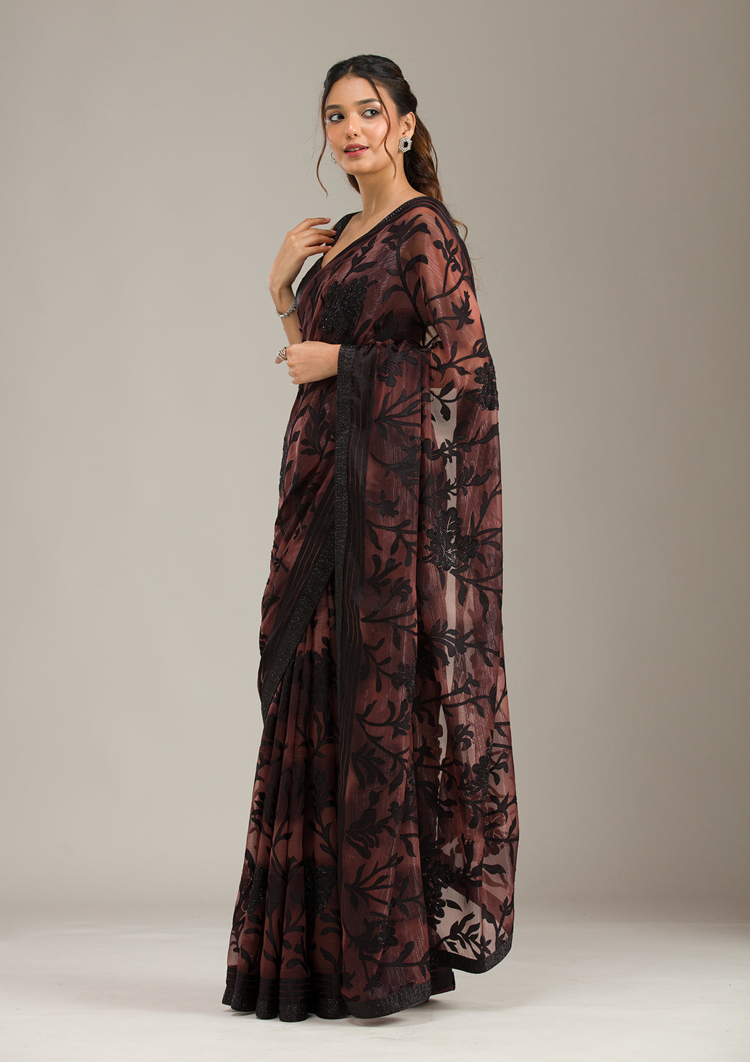 Brown Chiffon Swarovski Saree With Matching Blouse Piece
